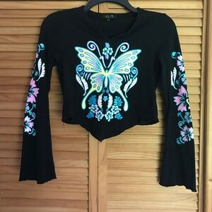 Black butterfly bell sleeve top